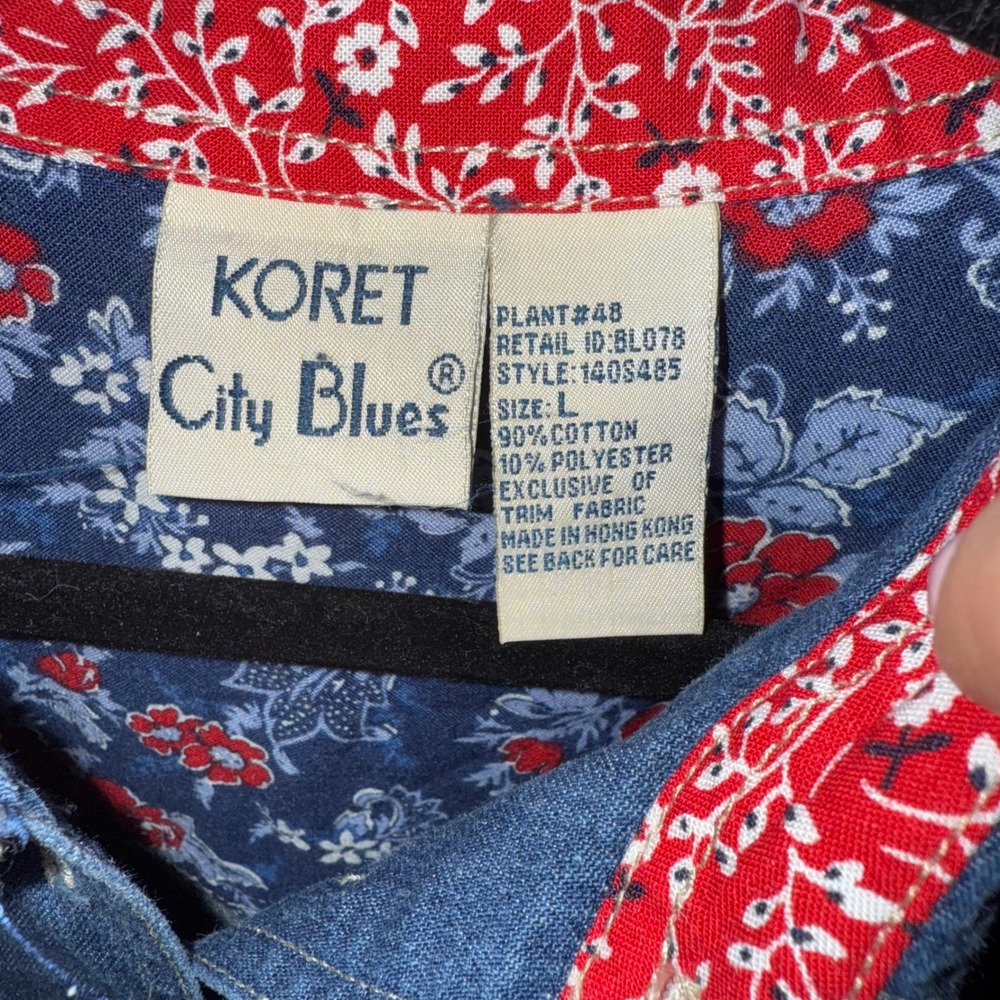 Vintage Koret City Blues Denim Shirt‎ Red Blue Floral Patchwork Accents Size L - Picture 2 of 3
